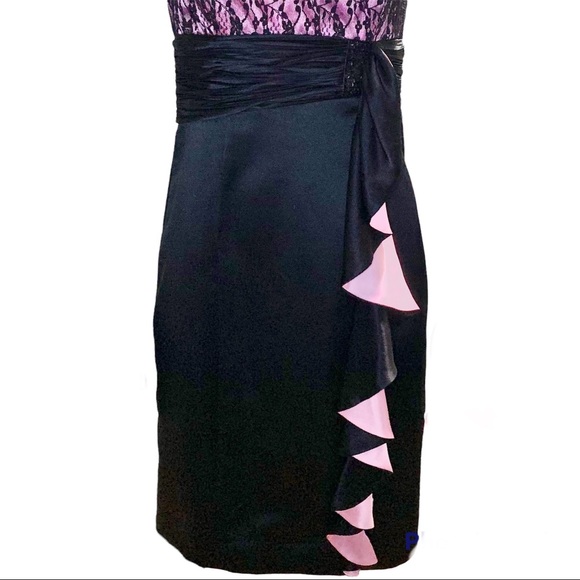 BETSEY JOHNSON EVENING Black/Pink Satin Sequin Ruffle Strapless Dress - Picture 4 of 6